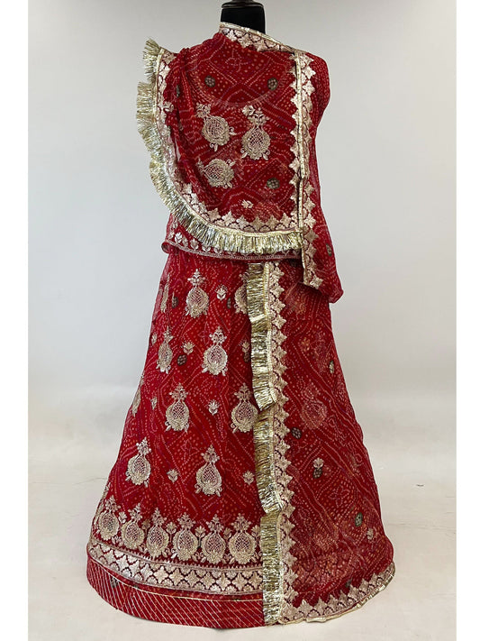 Bandhani Print Goregtte Rajputi Poshak with Antique Jari work In Red Color-91383