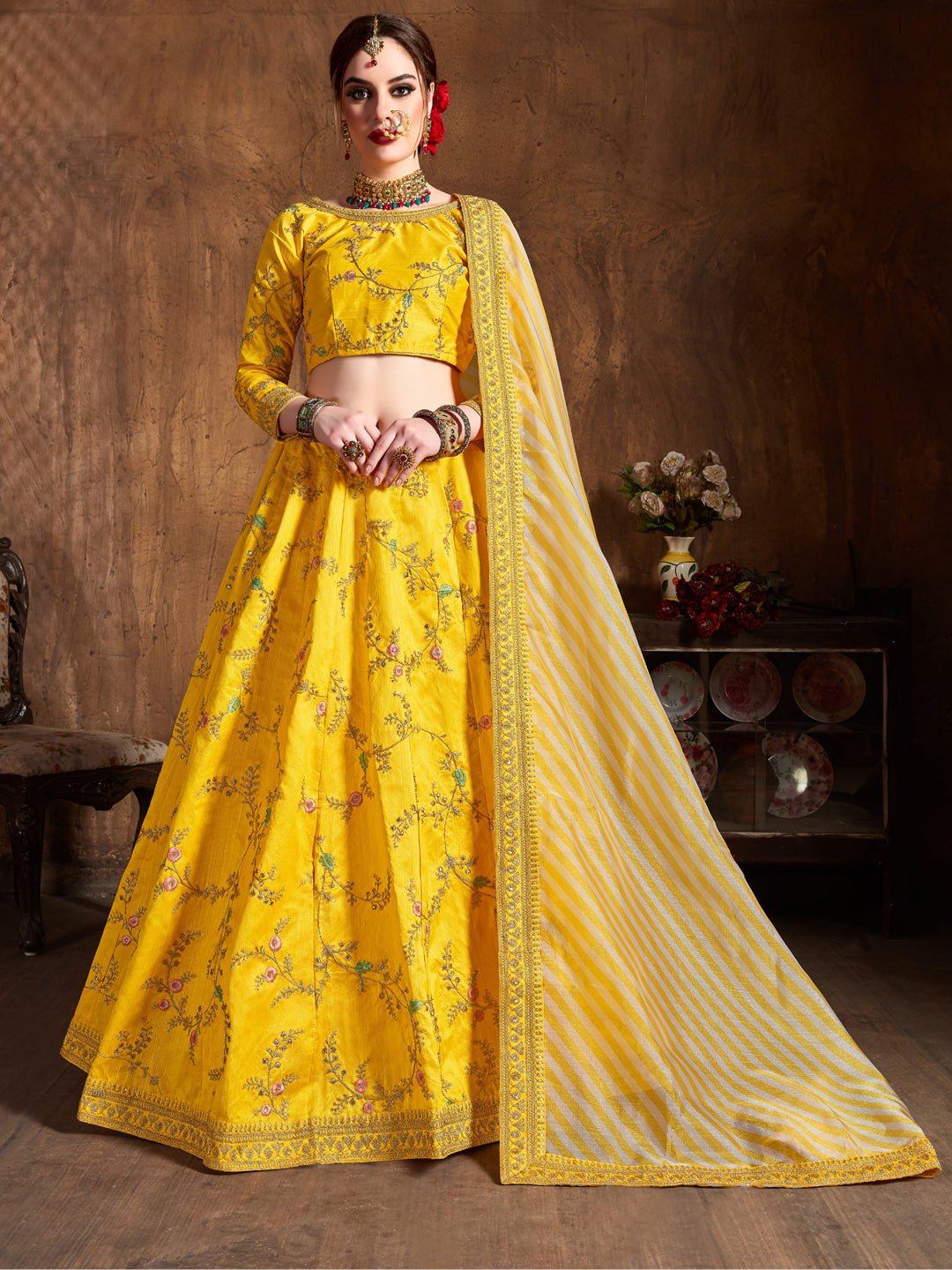 Mulberry Silk Engagement Sangeet Lehenga with Embroidered work in Yellow color-82109