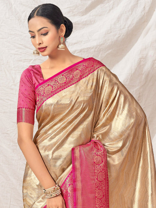 Weaving Pure Kanjivaram Soft Silk Rich Pallu Traditional Saree In Gold Color-81099