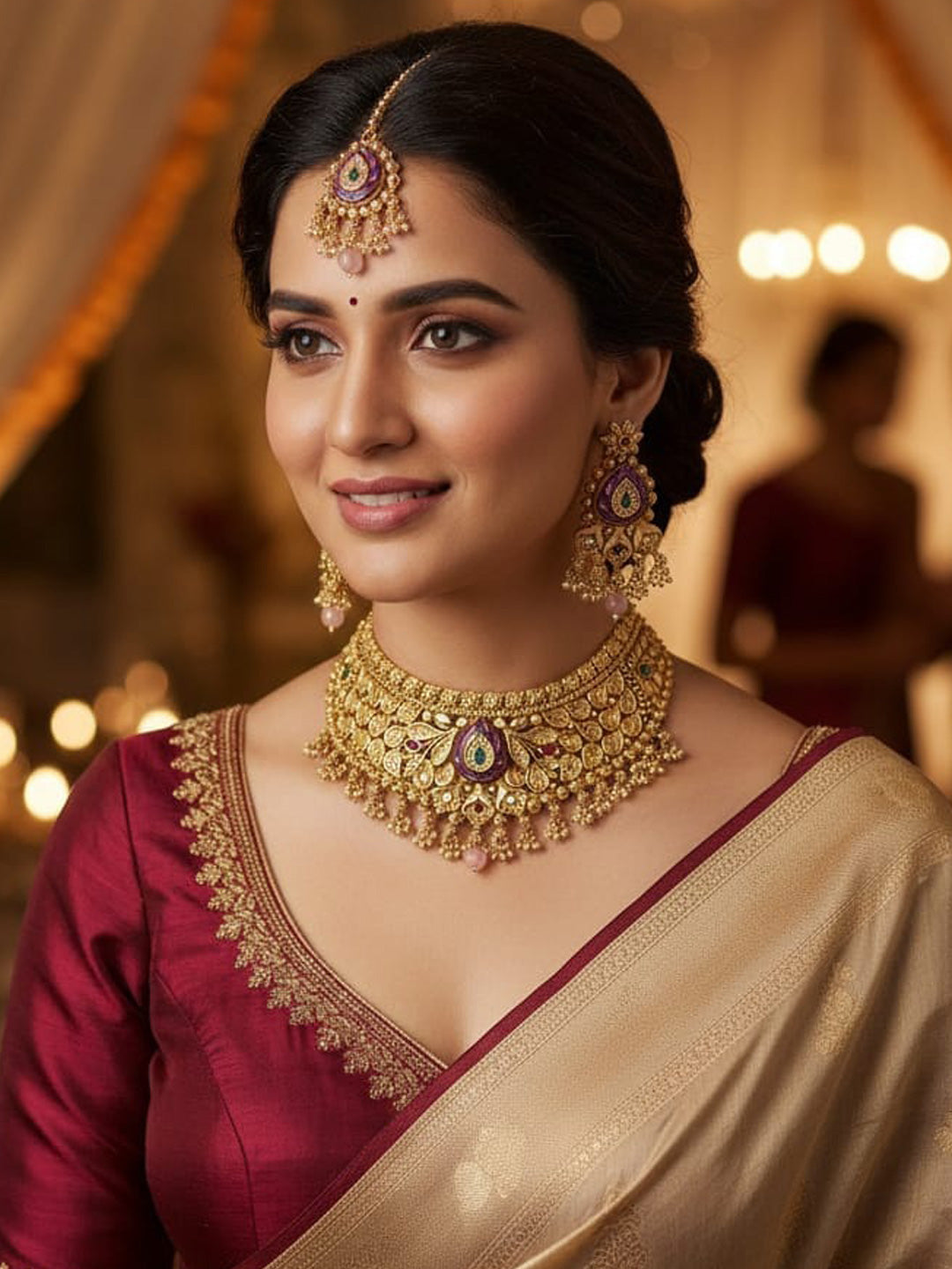 Women Antique Brass Kundan Necklace Jewelry Set -20183