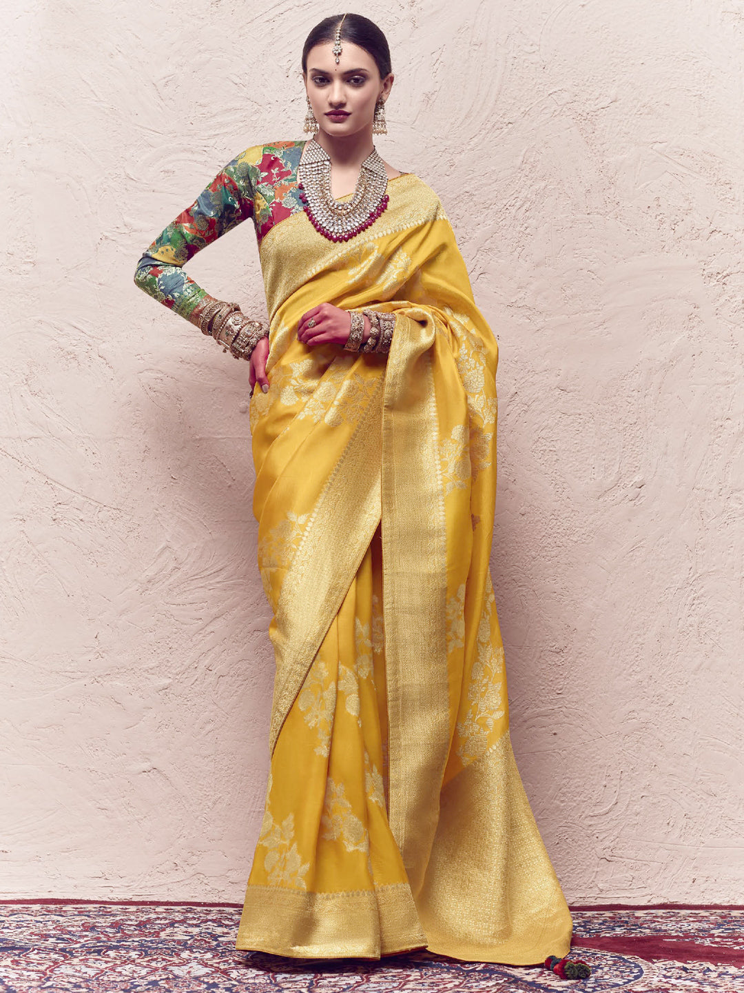 Heavy Viewing Designer Pure Crepe Dola Silk Bridal Traditional Saree In Yellow-81374