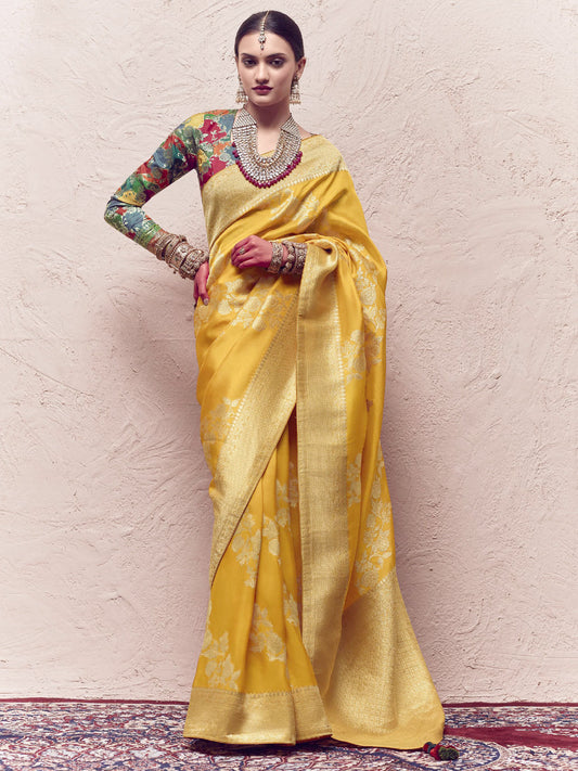 Heavy Viewing Designer Pure Crepe Dola Silk Bridal Traditional Saree In Yellow-81374