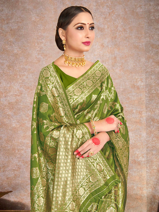 Weaving Lichi Bindi Silk Partywear Traditional Saree In Green Color-81551