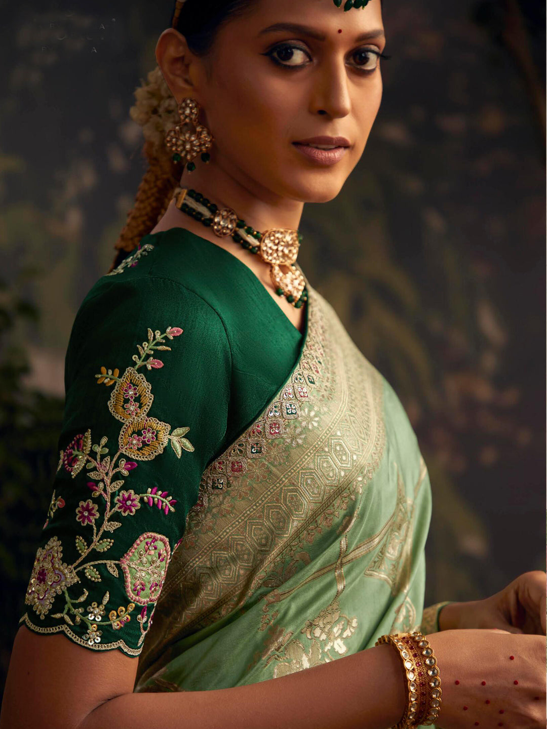 Embroidered Pure Viscose Dola Silk Traditional Bridal Saree In Green Color-81673