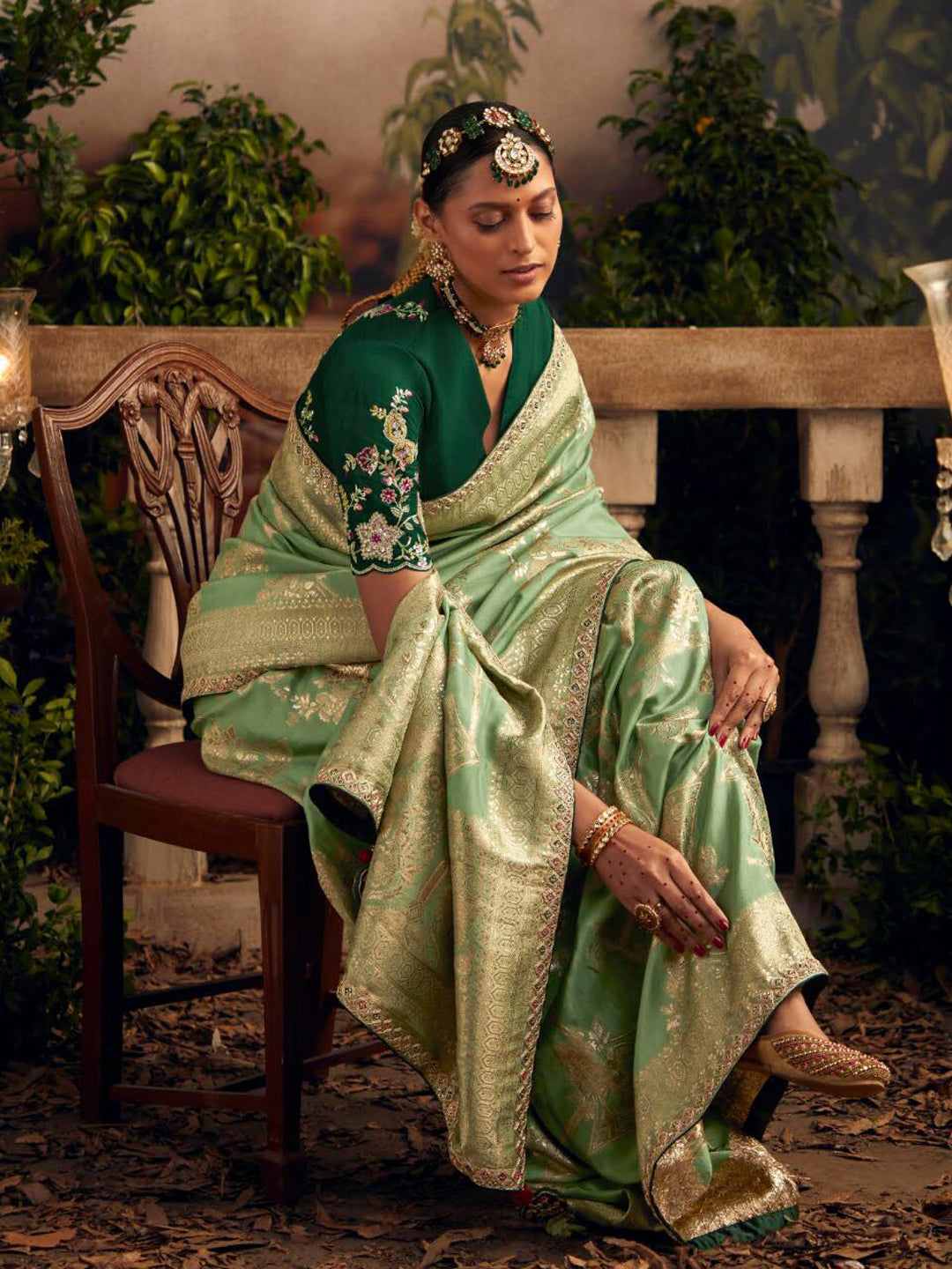 Embroidered Pure Viscose Dola Silk Traditional Bridal Saree In Green Color-81673