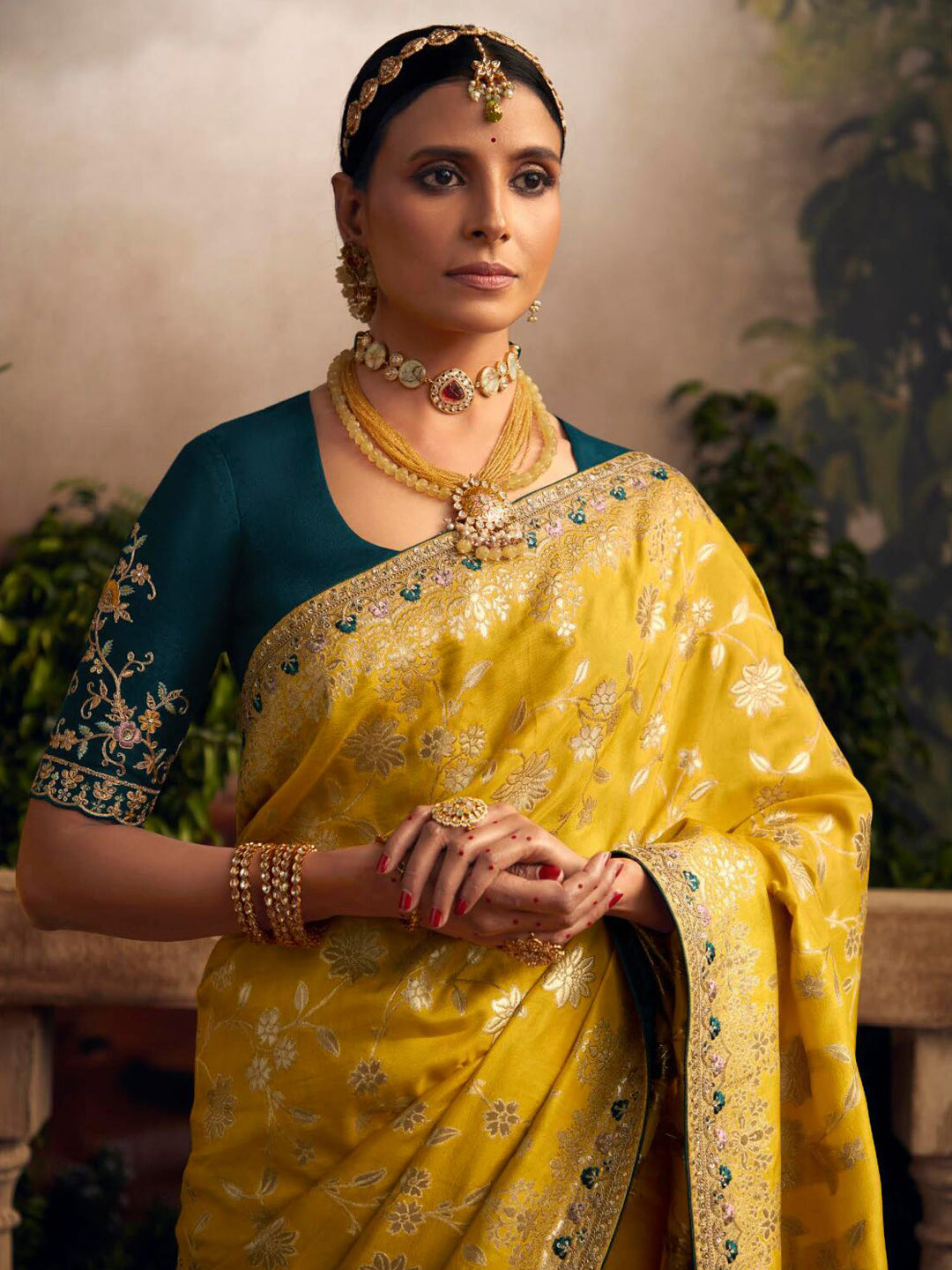 Embroidered Pure Viscose Dola Silk Traditional Bridal Saree In Yellow Color-81674