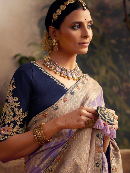 Embroidered Pure Viscose Dola Silk Traditional Bridal Saree In Purple Color-81677