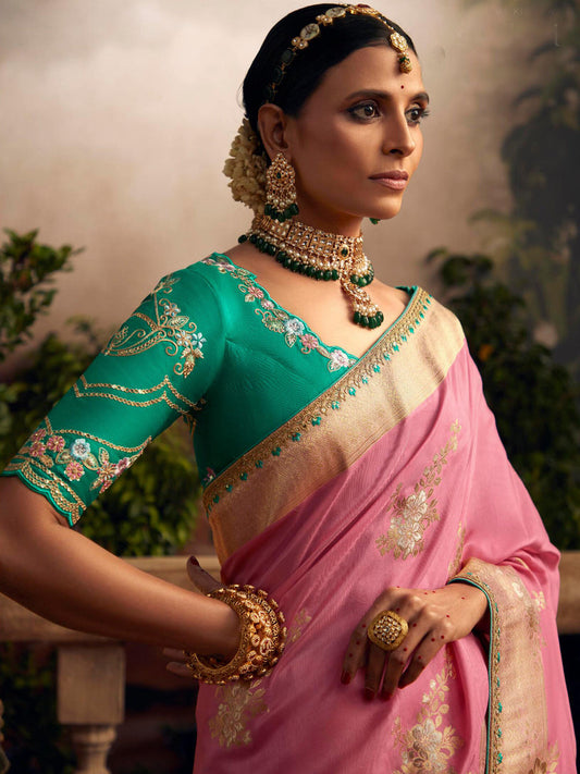 Embroidered Pure Viscose Dola Silk Traditional Bridal Saree In Pink Color-81679