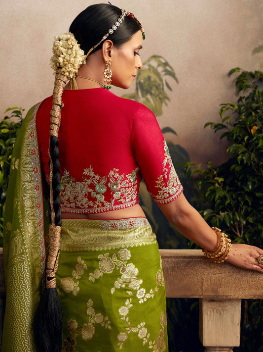 Embroidered Pure Viscose Dola Silk Traditional Bridal Saree In Green Color-81681