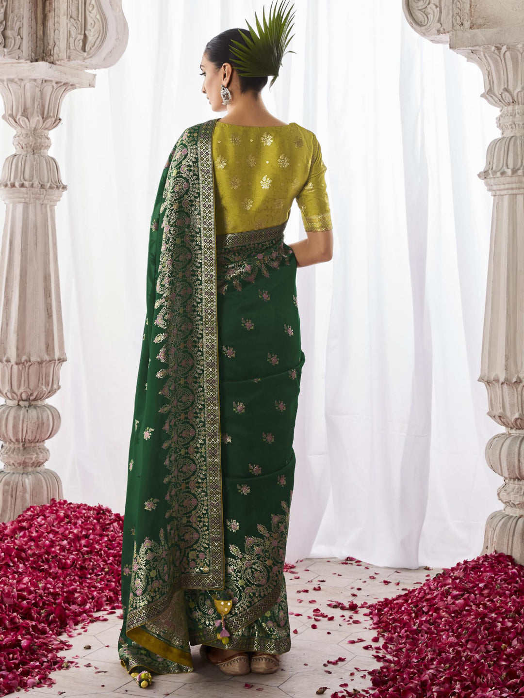 Embroidered Minakari Pallu Silk Traditional Partywear Saree In Green Color-81793