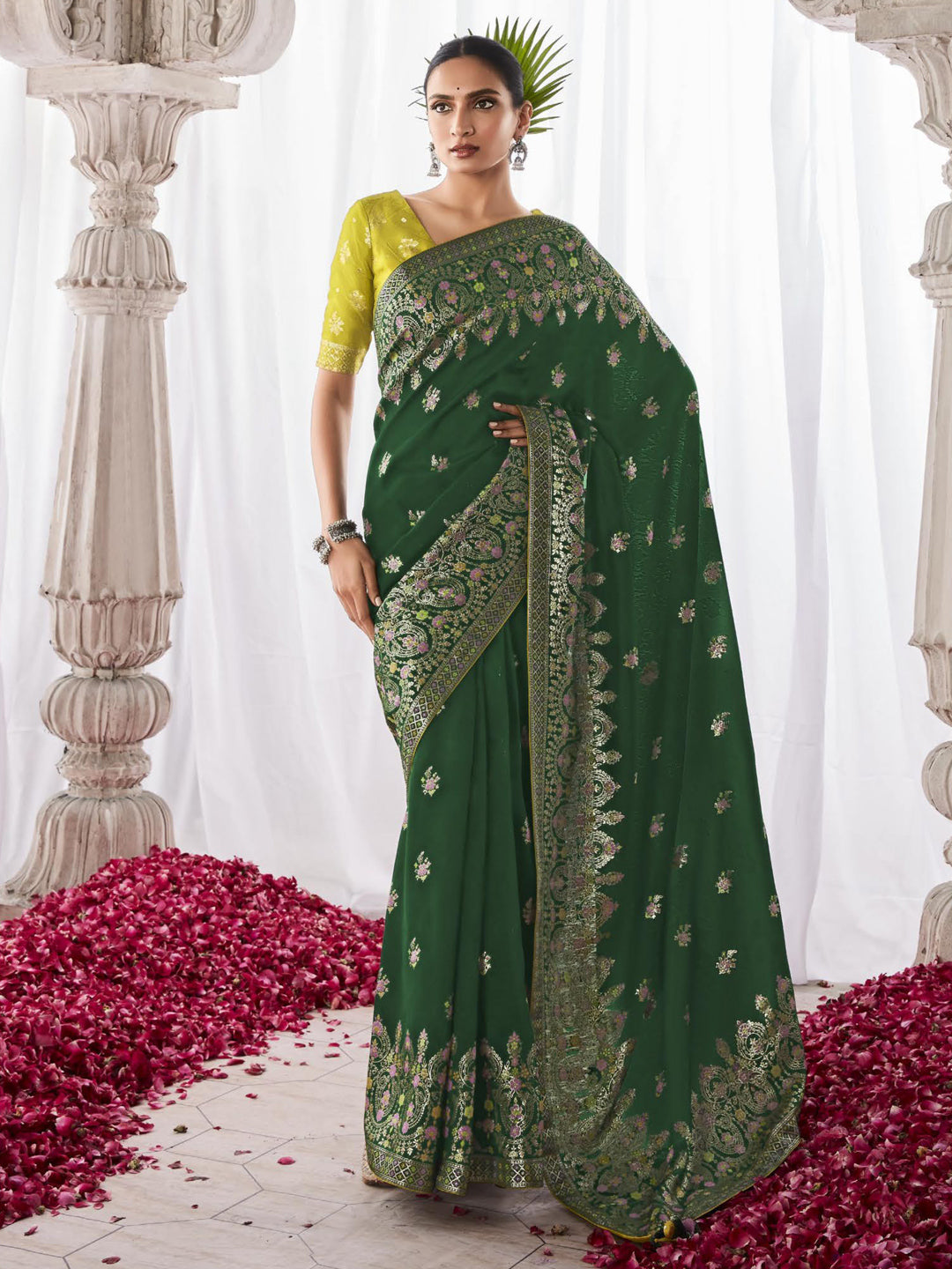 Embroidered Minakari Pallu Silk Traditional Partywear Saree In Green Color-81793