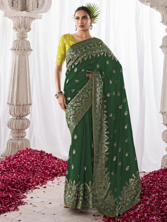 Embroidered Minakari Pallu Silk Traditional Partywear Saree In Green Color-81793