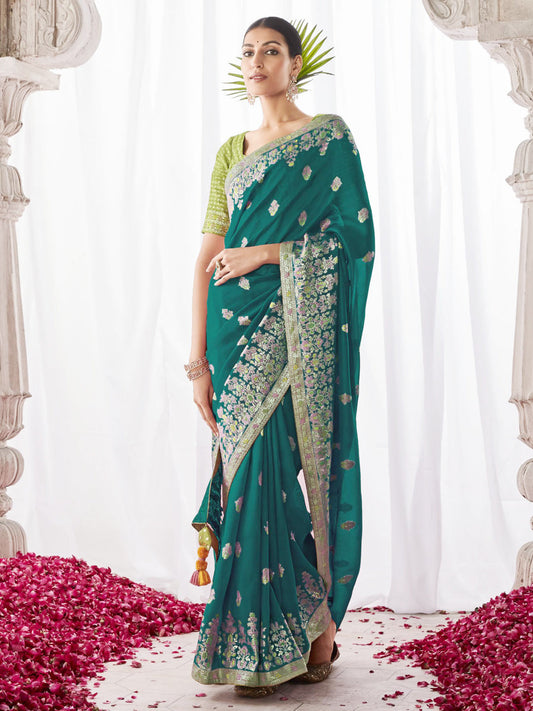 Embroidered Minakari Pallu Silk Traditional Partywear Saree In Blue Color-81795