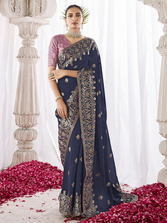 Embroidered Minakari Pallu Silk Traditional Partywear Saree In Blue Color-81798