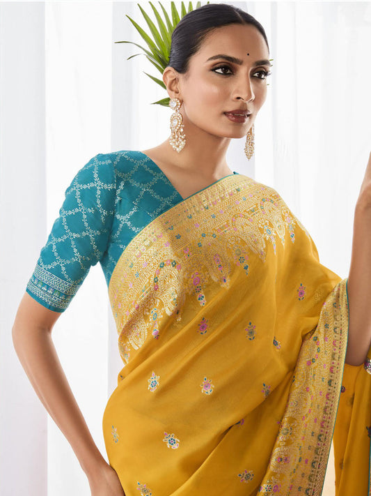 Embroidered Minakari Pallu Silk Traditional Partywear Saree In Yellow Color-81799