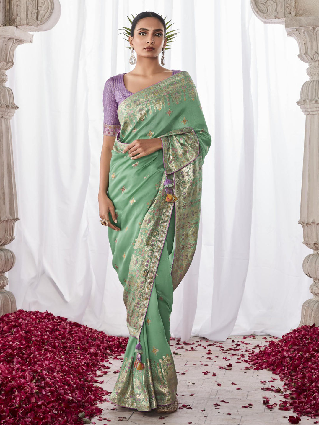 Embroidered Minakari Pallu Silk Traditional Partywear Saree In Green Color-81801