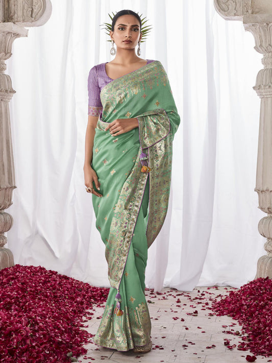 Embroidered Minakari Pallu Silk Traditional Partywear Saree In Green Color-81801