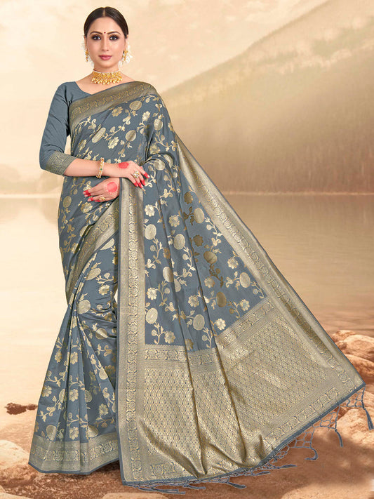 Weaving Lichi Bindi Silk Partywear Traditional Saree In Grey Color-81552