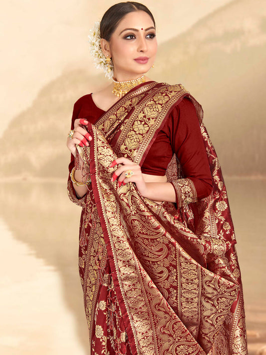Weaving Lichi Bindi Silk Partywear Traditional Saree In Maroon Color-81553