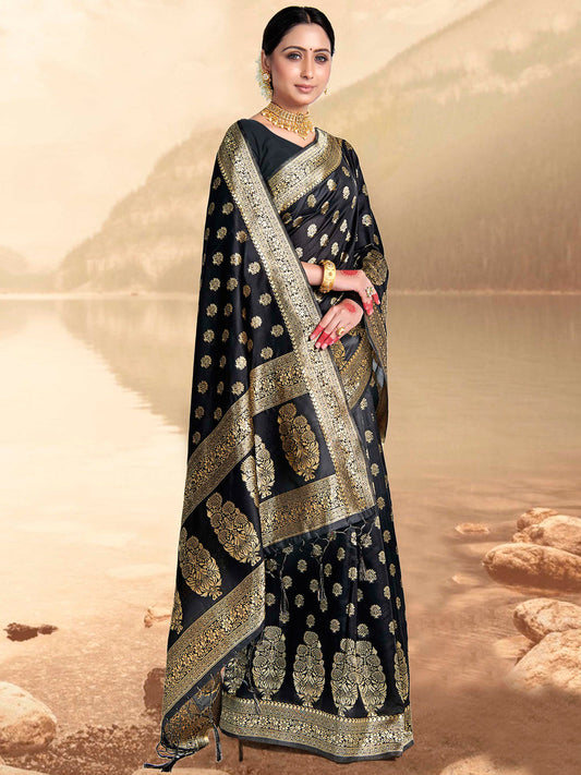 Weaving Lichi Bindi Silk Partywear Traditional Saree In Black Color-81554