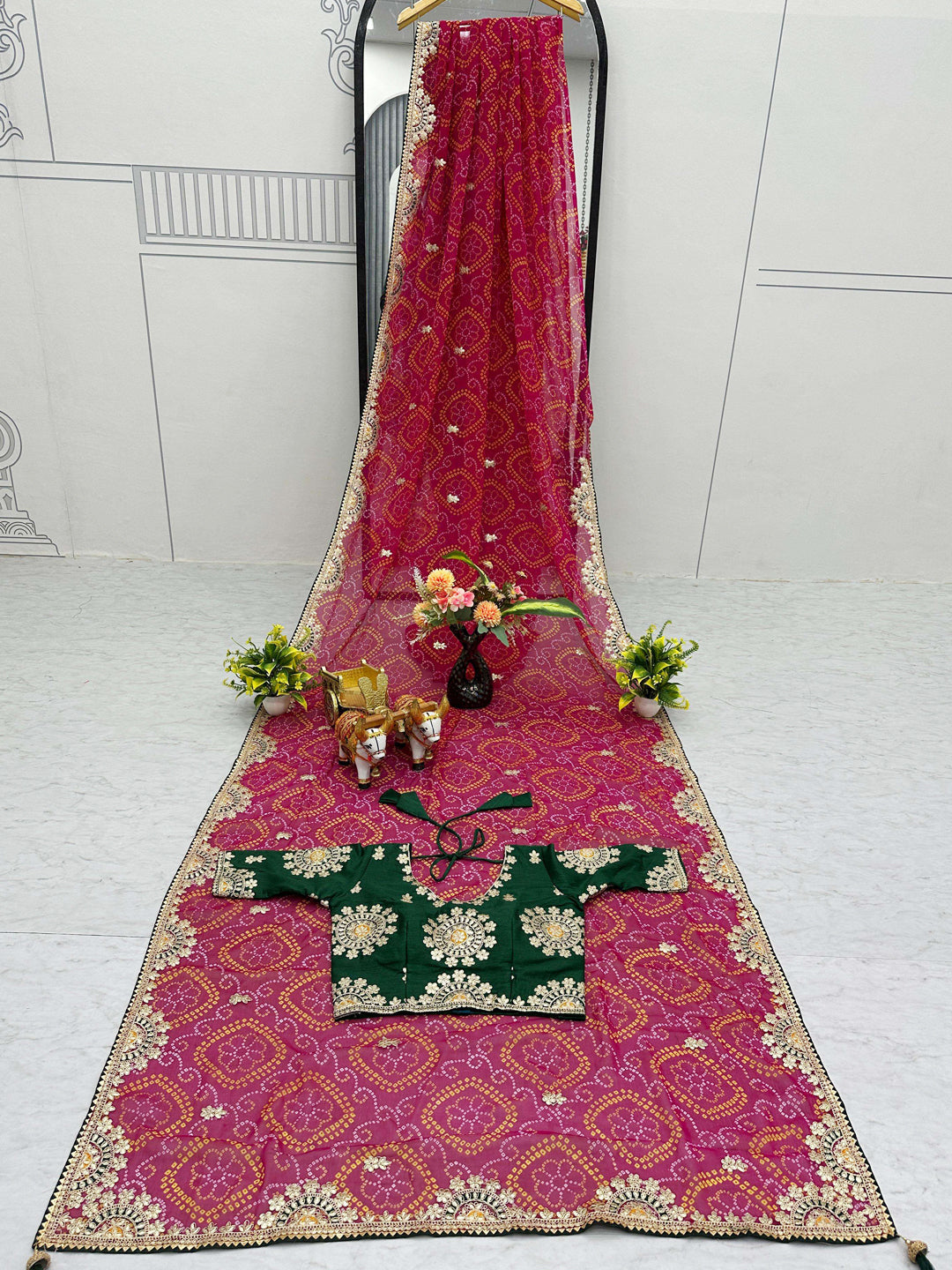 Georgette with Bandhej Printed Sequence work Saree in Pink color-41024