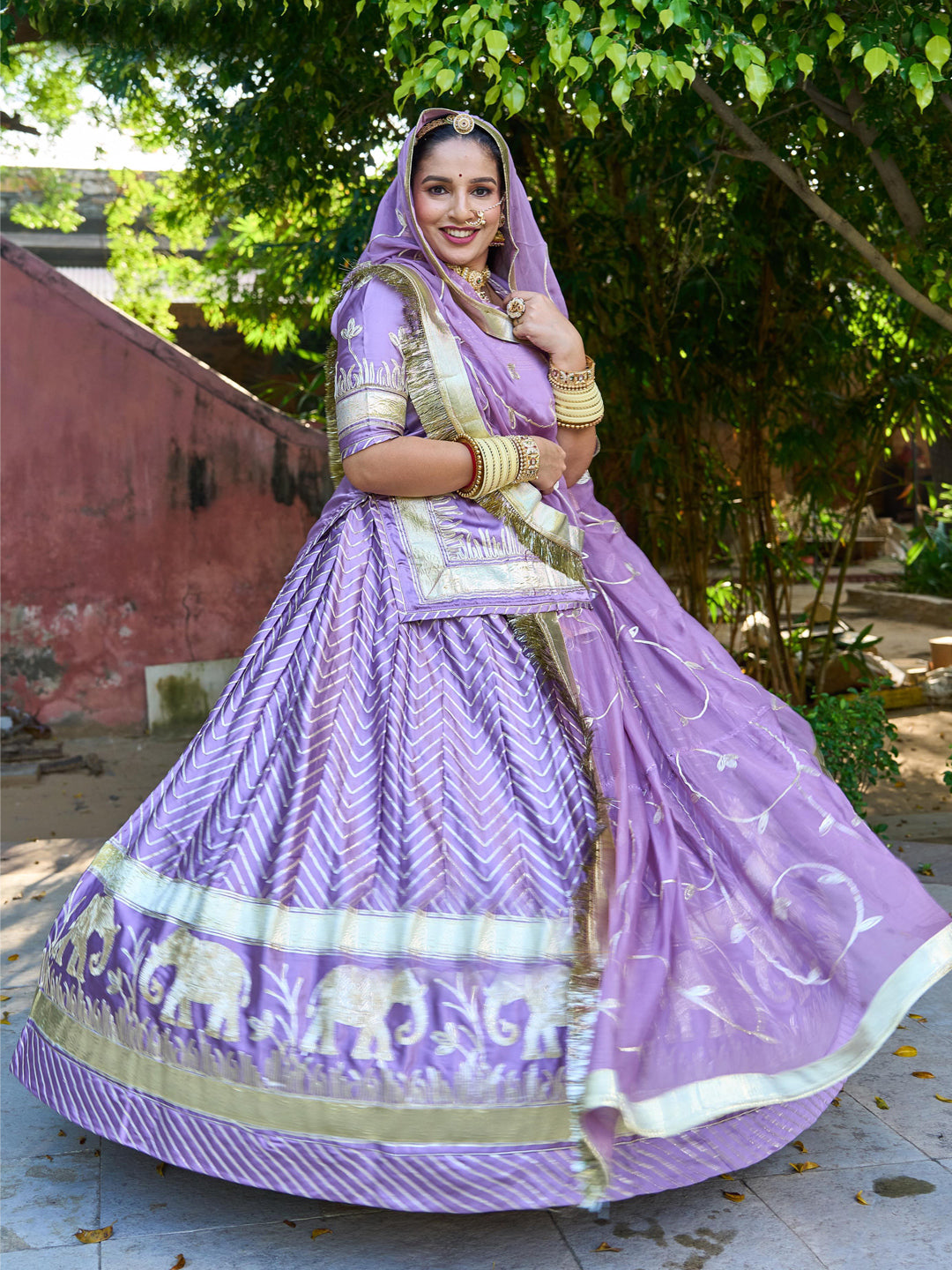 4 Meter Full Gher Satin Humarahi Pure Wedding Traditional Rajputi Poshak with Seekiya Gotta work-81637