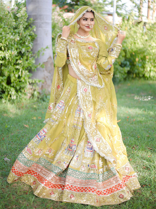 7 Miter full Gher Georgette Premium quality Bridal Rajputi Poshak In Green color-91447