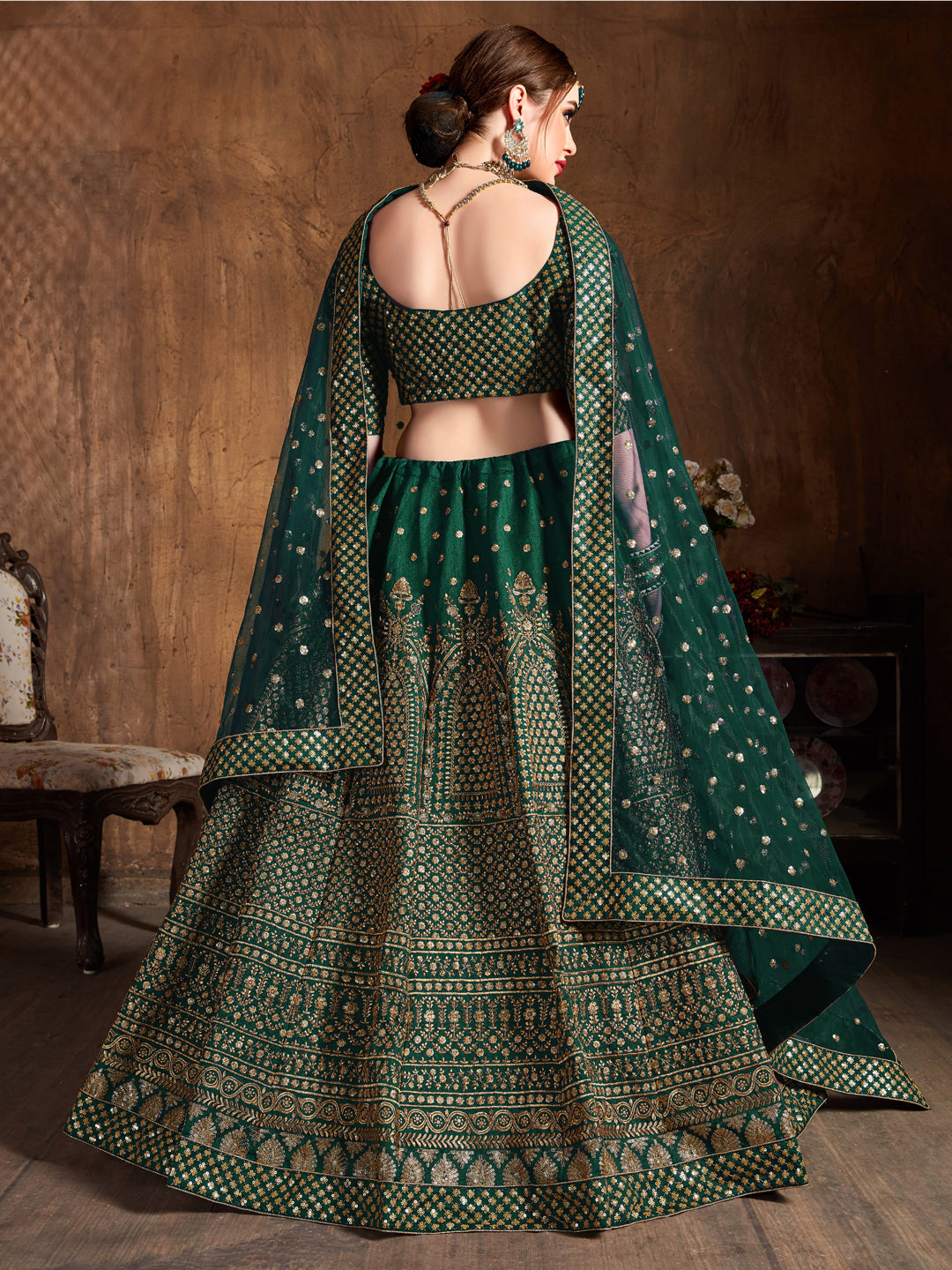 Raw Silk Engagement Sangeet Lehenga with Embroidered work in Green color-82106