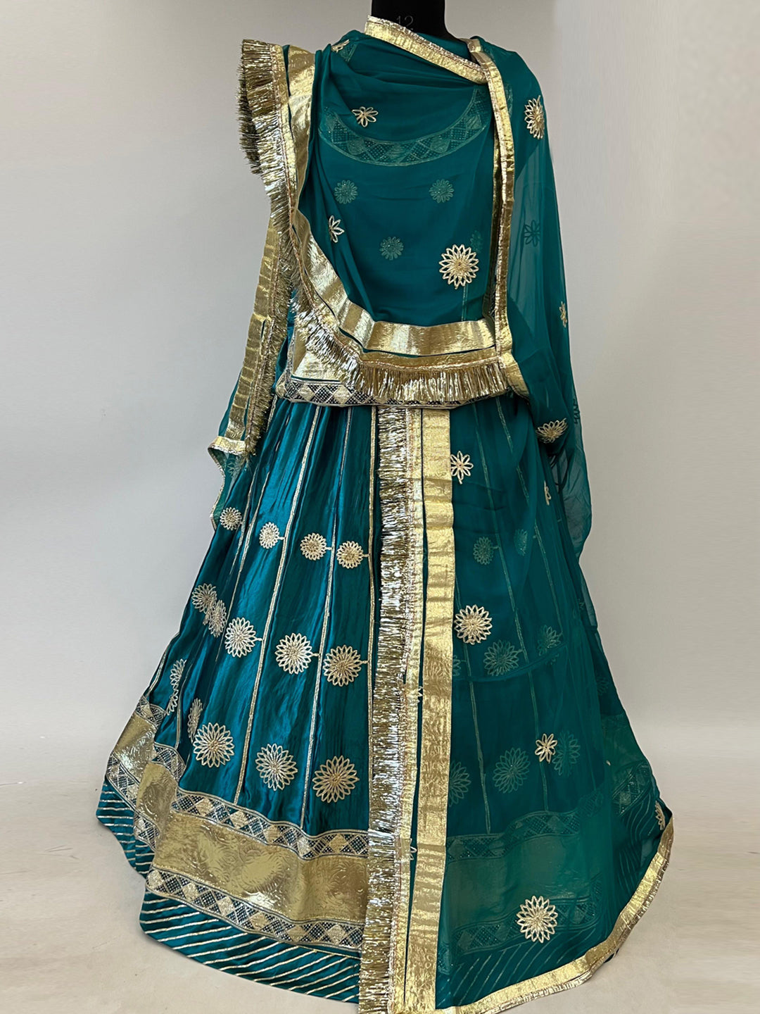 4 Meter full Gher Heavy Satin Wedding Sangeet Rajputi Poshak with Gota and Siroshi Work In Blue color-91340