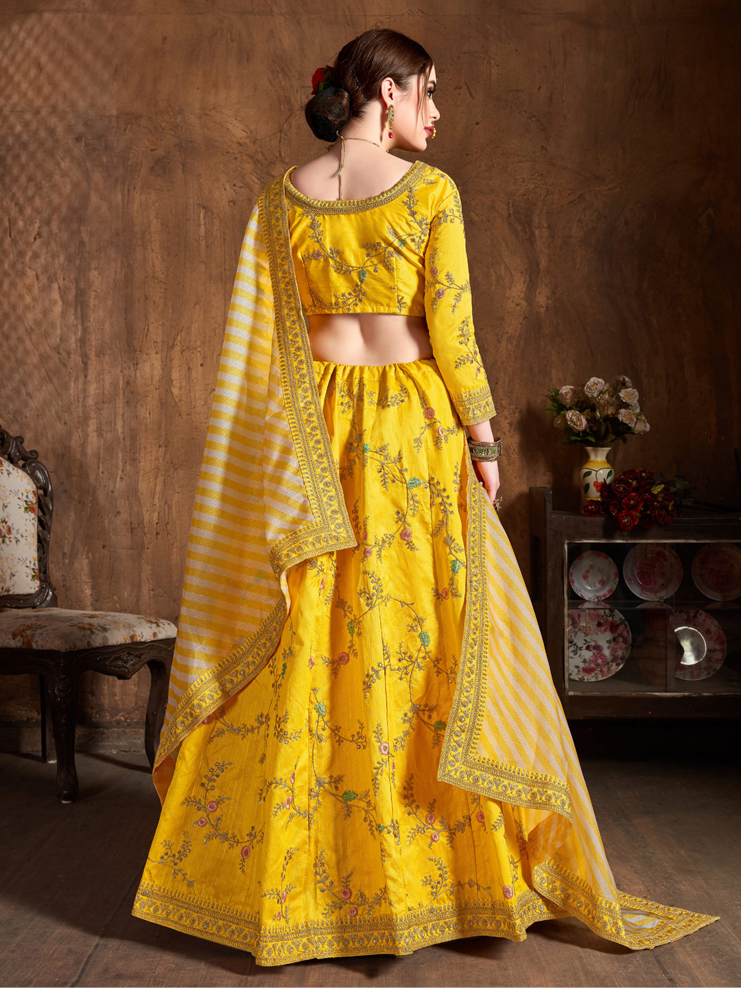 Mulberry Silk Engagement Sangeet Lehenga with Embroidered work in Yellow color-82109
