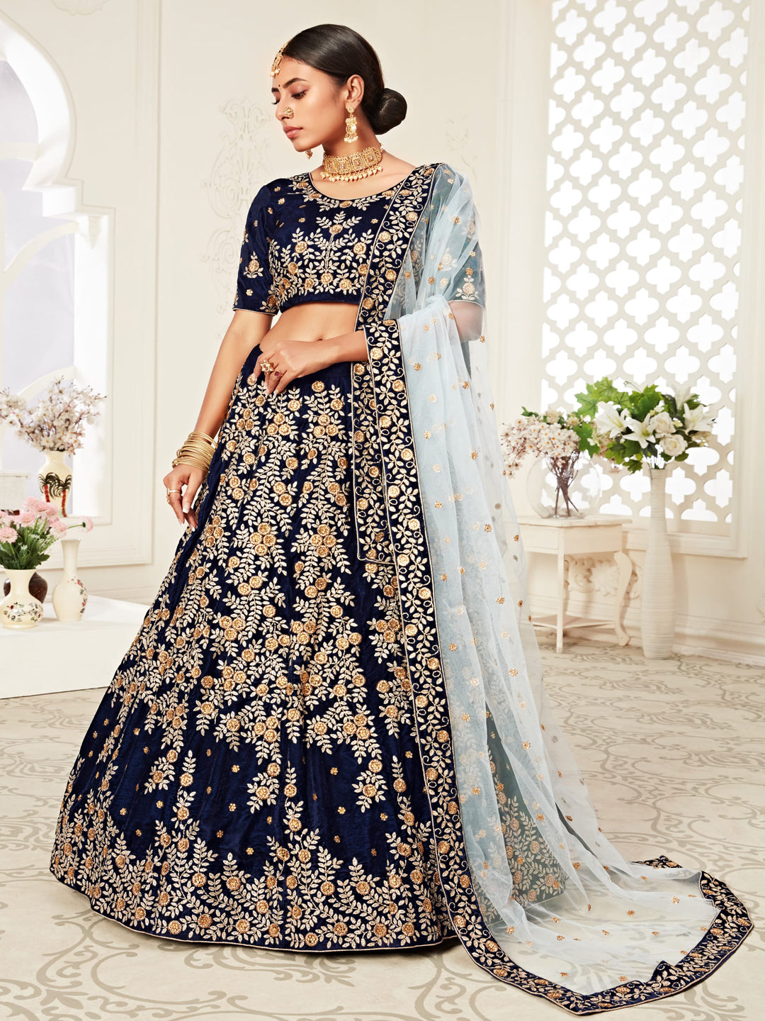 Velvet Bridal Lehenga with Embroidered work in Blue color-82119