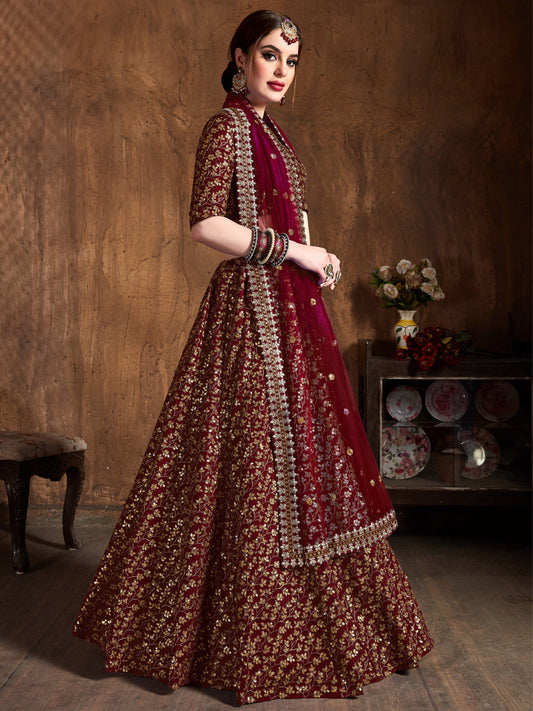Raw Silk Engagement Sangeet Lehenga with Embroidered work in Maroon color-82102