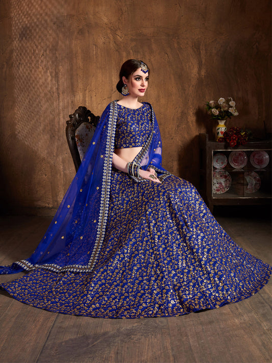 Raw Silk Engagement Sangeet Lehenga with Embroidered work in Blue color-82103