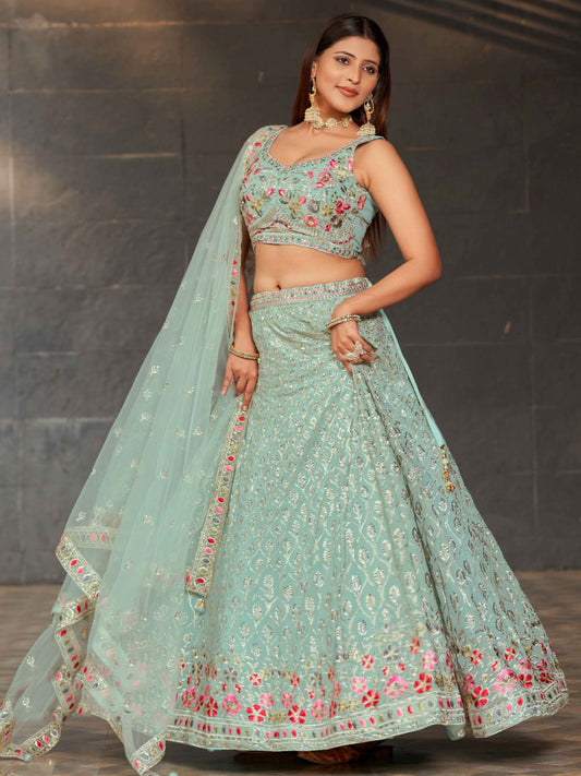 Georgette Traditional Reception Semi-Stitched Lehenga Choli In Blue color-40984
