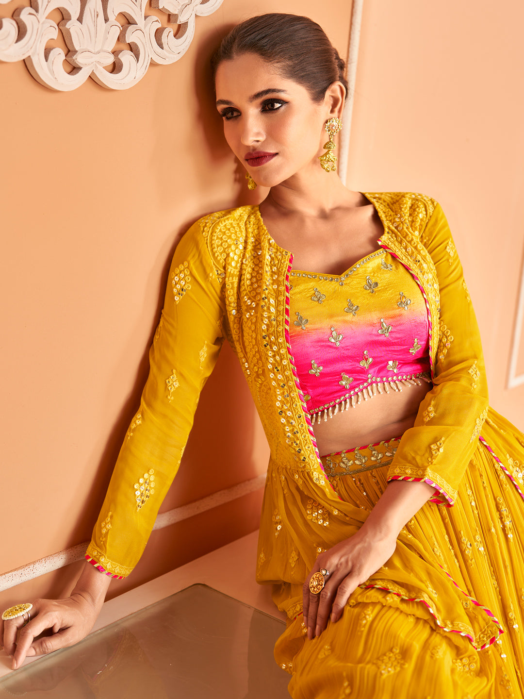 Embroidered Georgette Chinon Silk Sangeet Mehedi Lehenga in Yellow Color-81530