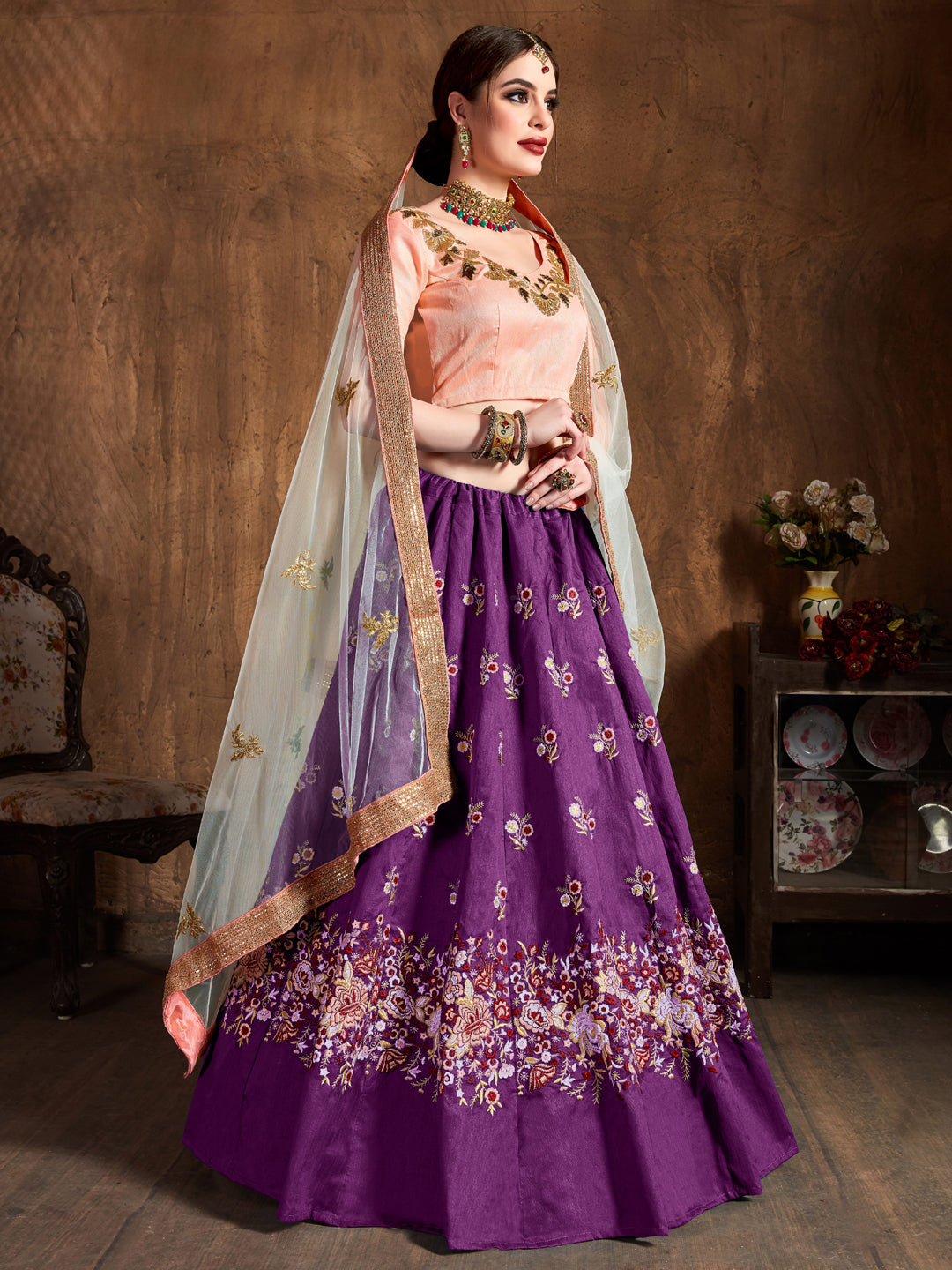 Raw Silk Engagement Sangeet Lehenga with Embroidered work in Purple color-82100