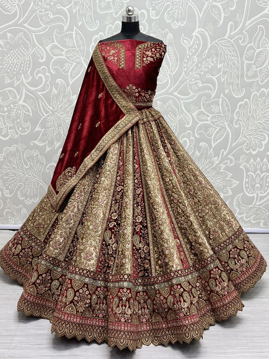 Embroidered Velvet Bridal Lehenga with Double Chunni in Multicolor-81812