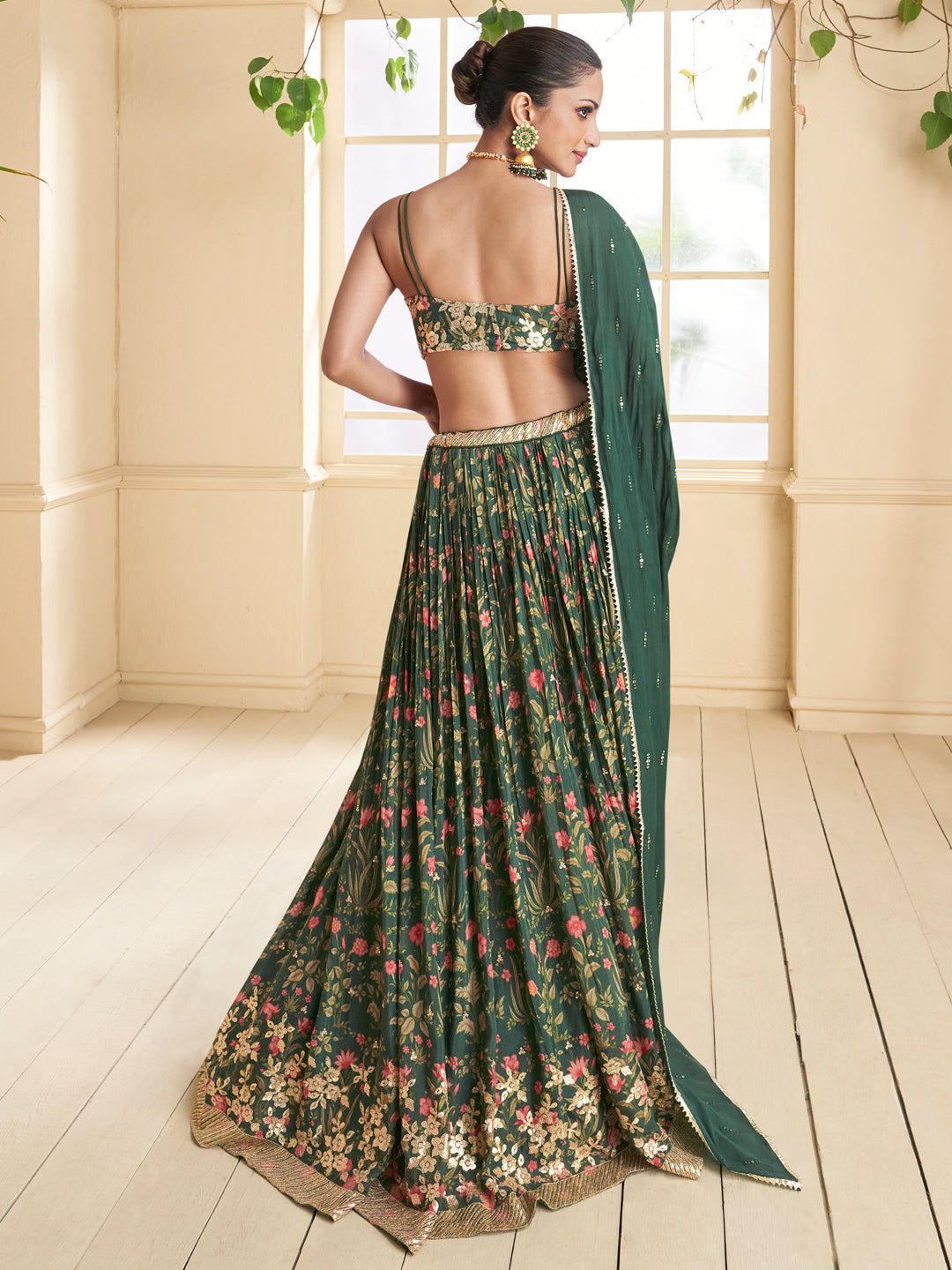 Embroidered Silk Georgette Sangeet Mehedi Lehenga in Green Color-81351