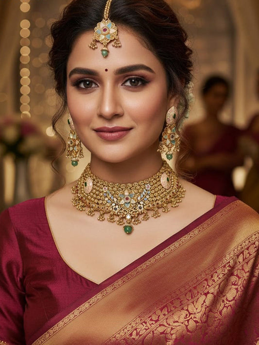 Women Antique Brass Kundan Necklace Jewelry Set -20184