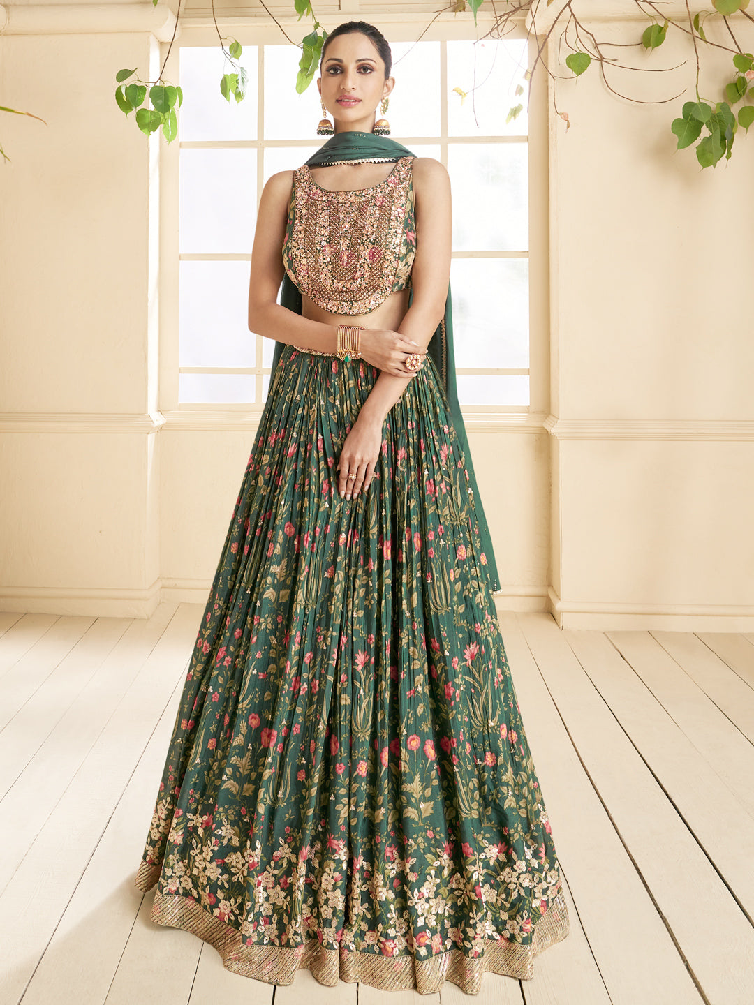 Embroidered Silk Georgette Sangeet Mehedi Lehenga in Green Color-81351