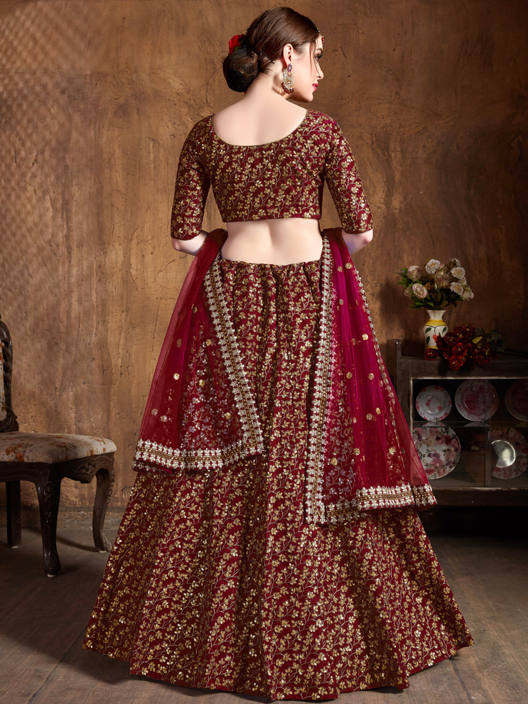 Raw Silk Engagement Sangeet Lehenga with Embroidered work in Maroon color-82102