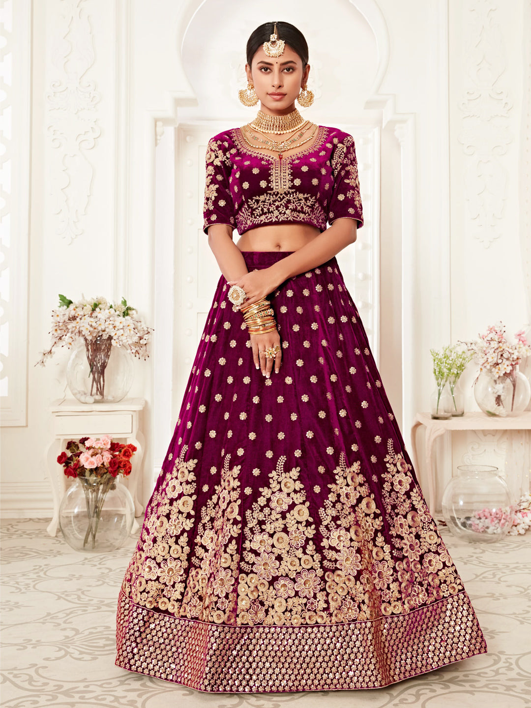 Velvet Bridal Lehenga with Embroidered work in Purple color-82114