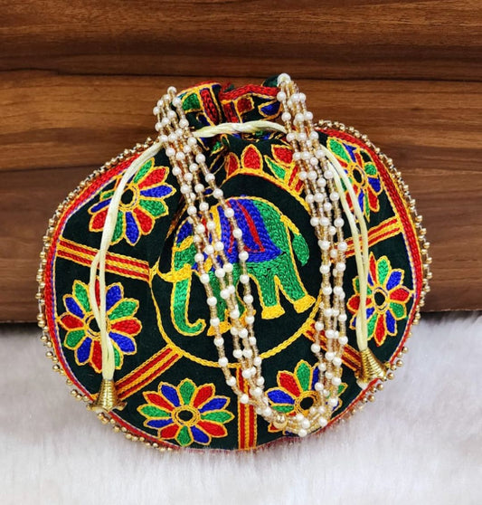Designer Mulitcolor Embroidery Silk Elephant Handcrafted Potli-81392