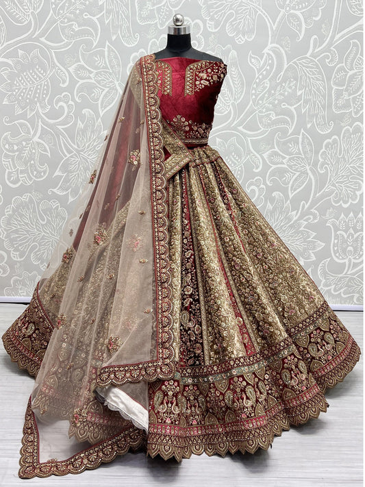 Embroidered Velvet Bridal Lehenga with Double Chunni in Multicolor-81812