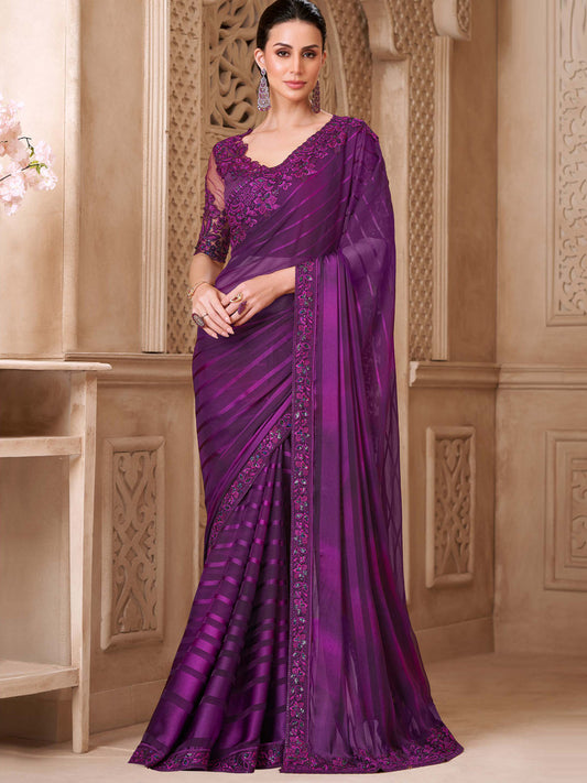 Mulberry Sartin Pattern Georgette with  Embroidery Saree-32003