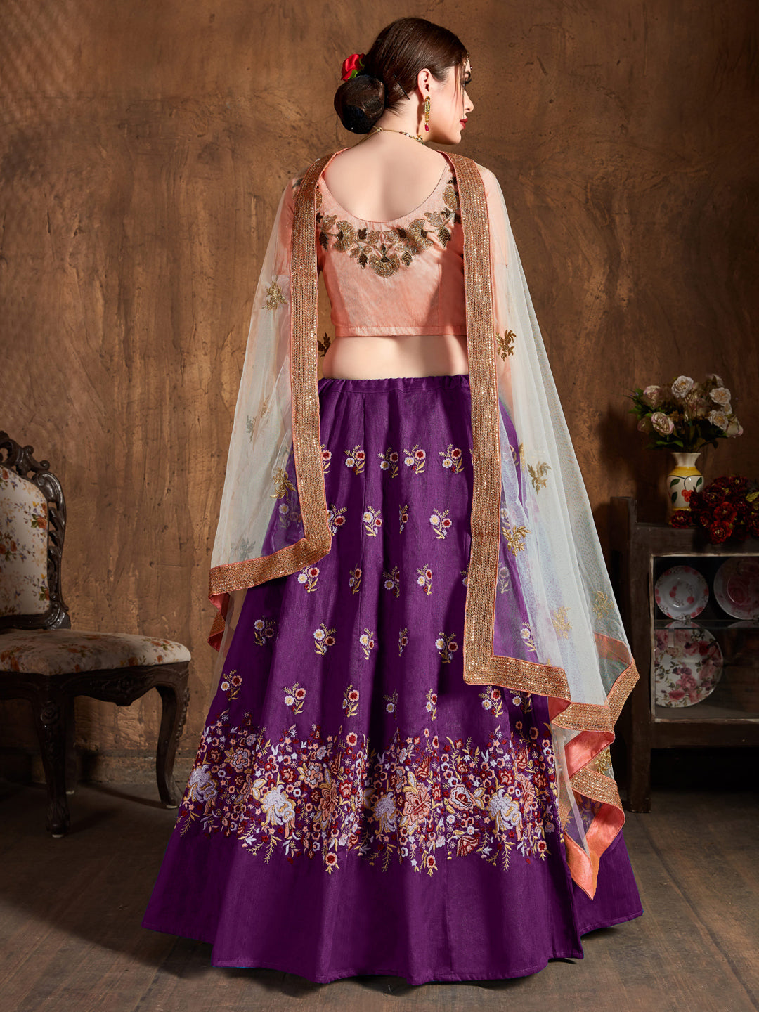 Raw Silk Engagement Sangeet Lehenga with Embroidered work in Purple color-82100