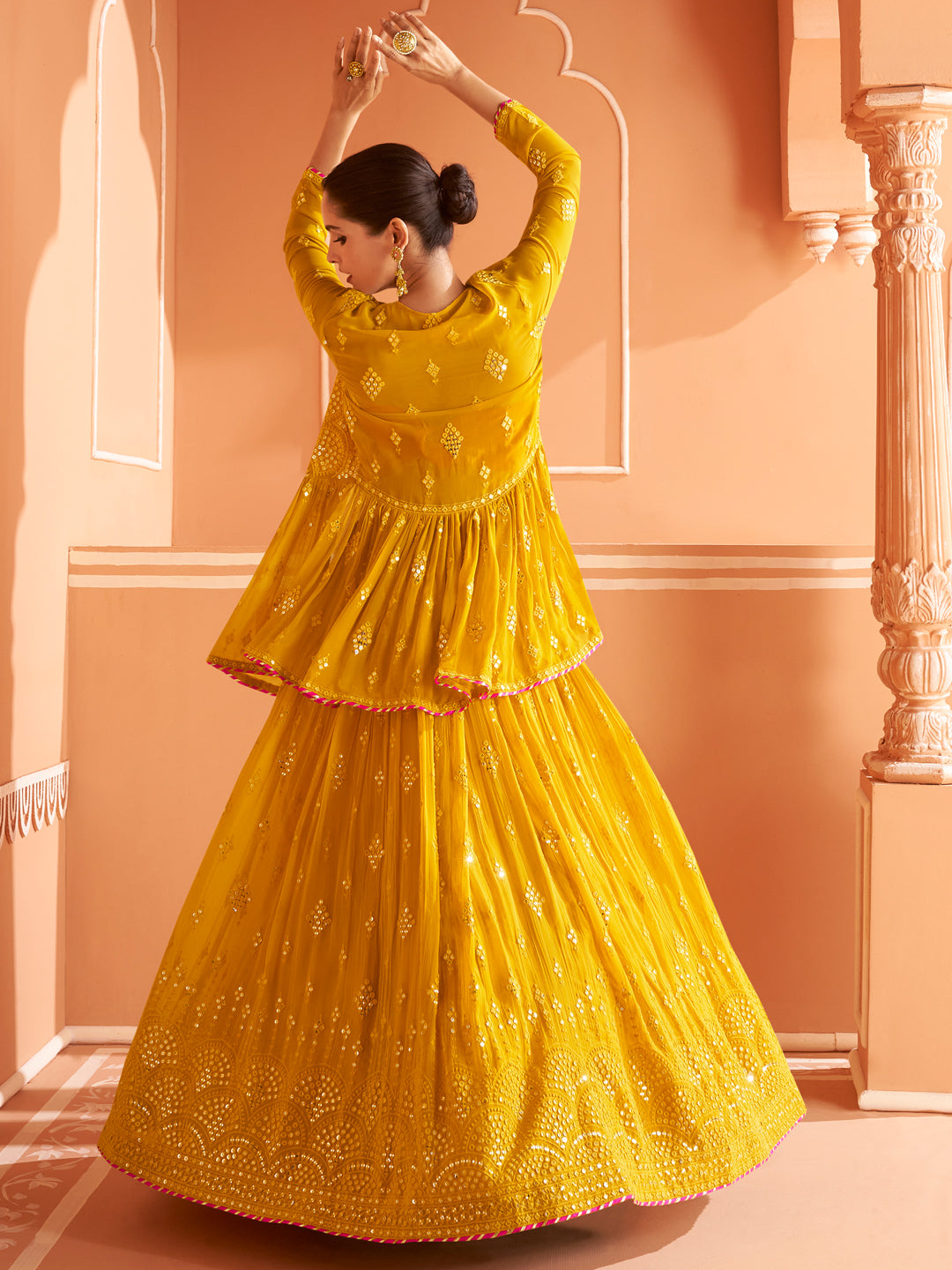Embroidered Georgette Chinon Silk Sangeet Mehedi Lehenga in Yellow Color-81530