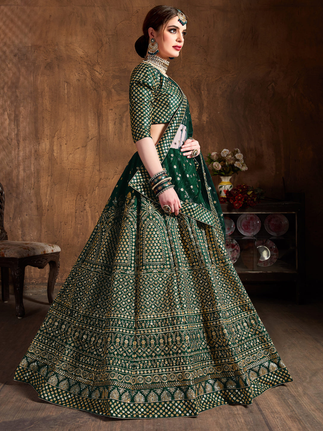 Raw Silk Engagement Sangeet Lehenga with Embroidered work in Green color-82106