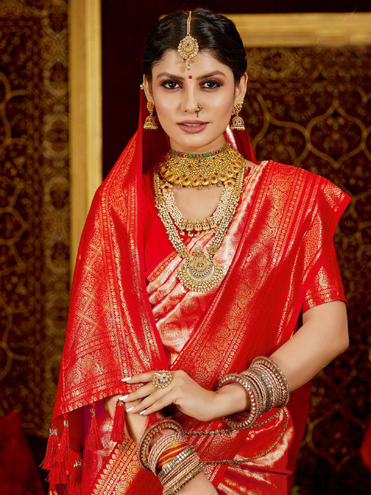 Weaving Pure Kanjivaram Soft Silk Rich Pallu Traditional Saree In Red Color-81368