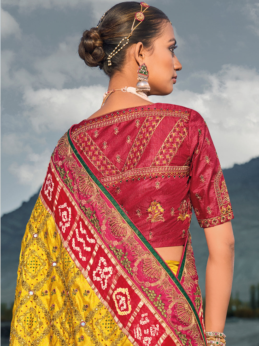 Original Mirror Pure Gjji Bandhej Printed Wedding Bridal Saree In Yellow Color-81664